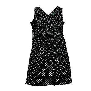 Lauren Ralph Lauren Black White Polka Dot Faux Wrap Dress Sleeveless 16 NEW